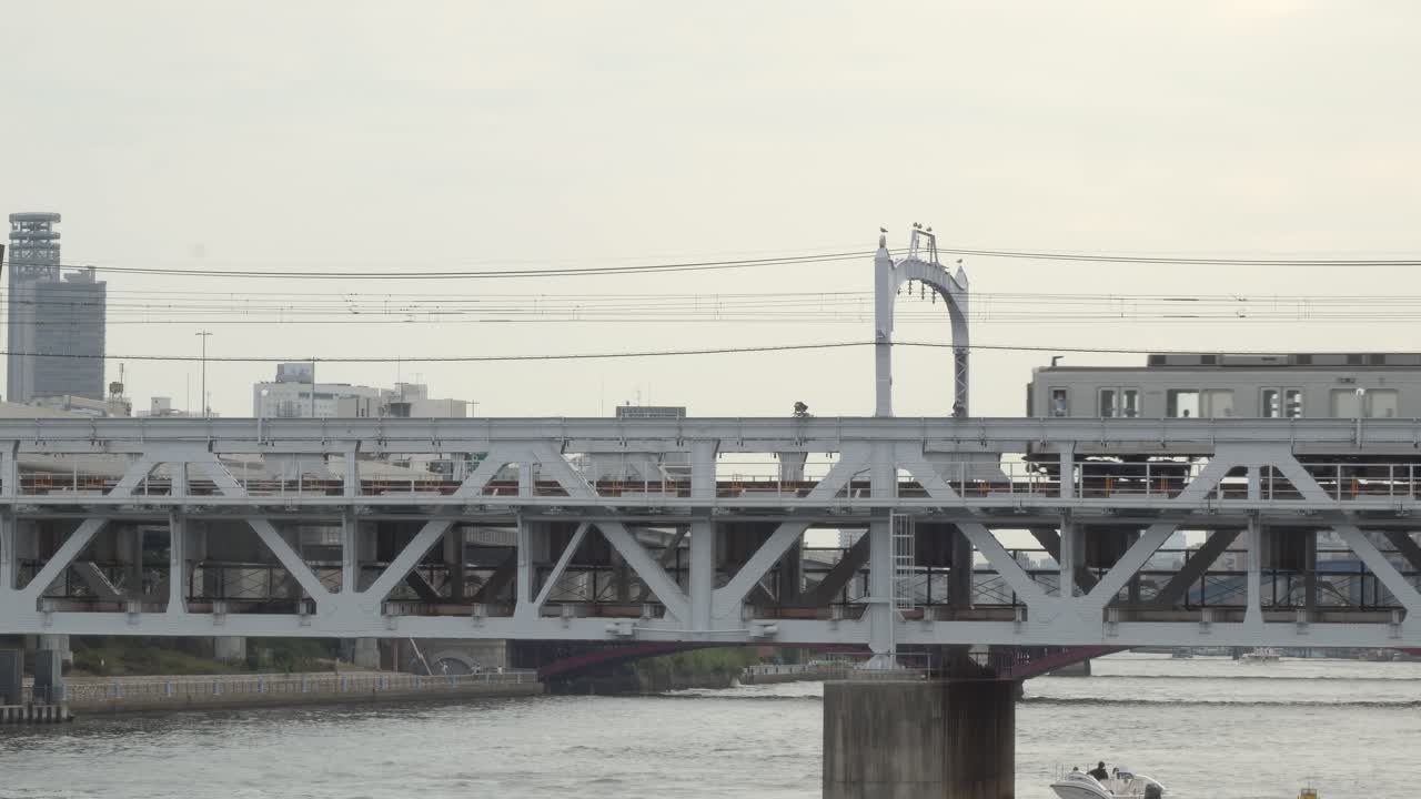 Train Crossing A Railway Bridge Over The Sumida River In Tokyo, Japan. - wide shot