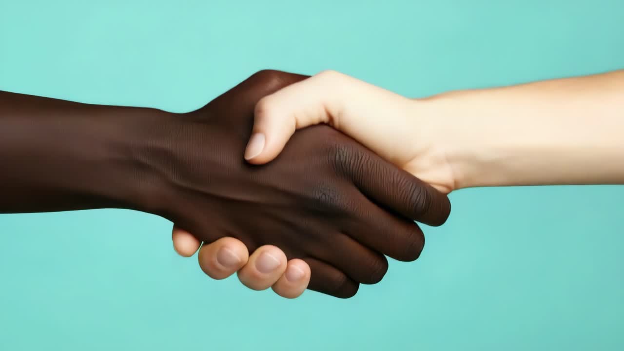 Professional businesspeople performing friendly handshake against vibrant turquoise background, representing multicultural cooperation and mutual respect between diverse individuals