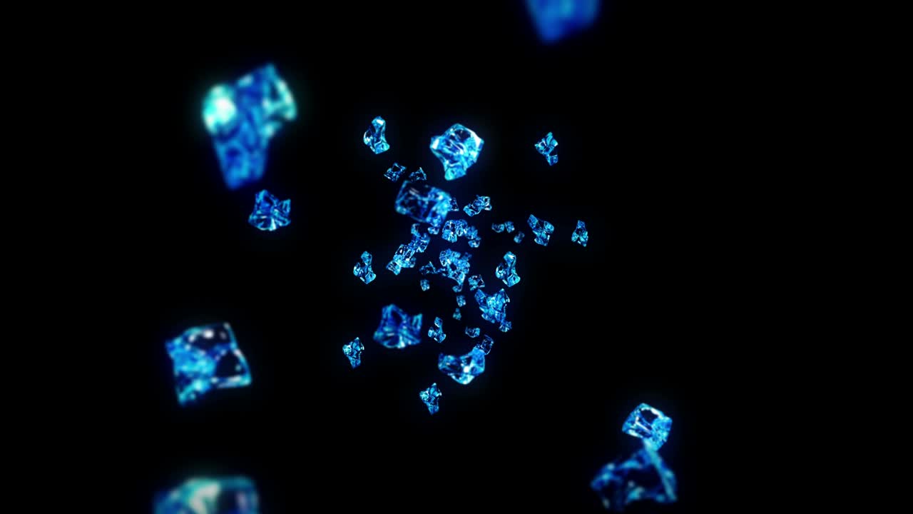 Flying many clean ice cubes on black background. Pieces of crushed ice, Natural water. 3D animation of crushed ice rotating. Loop animation.