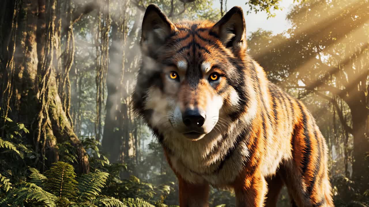 Wolf with Tiger Stripes in a Lush Forest