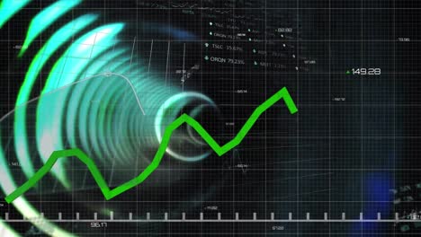 Animation-of-graphs-and-trading-board-over-illuminating-circular-tunnel-on-grid-pattern