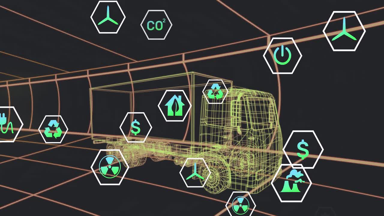 검은 바탕에서 움직이는 3d 트럭 모델 위에서 상태 데이터를 처리하는 아이콘의 애니메이션