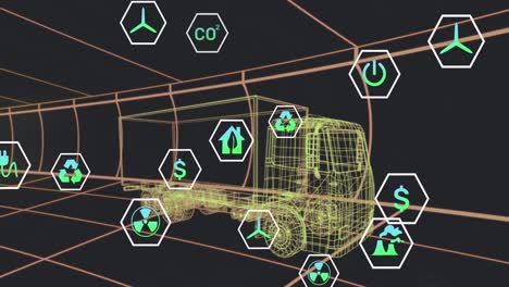 Animation-Von-Symbolen,-Die-Statusdaten-über-Einem-3D-Lkw-Modell-Verarbeiten,-Das-Sich-Auf-Schwarzem-Hintergrund-Bewegt