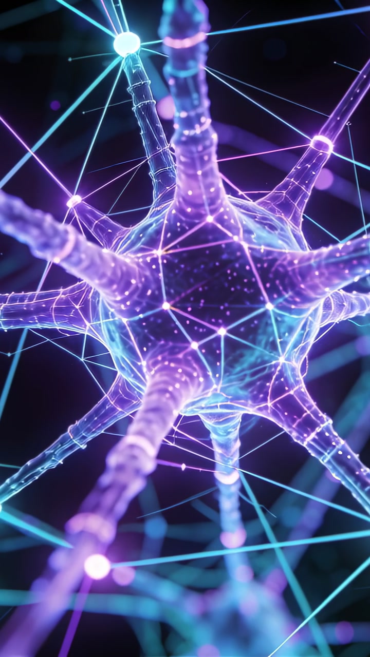 Vertical video: Rotating soma sending light pulses along filaments in neural mesh with nodes firing
