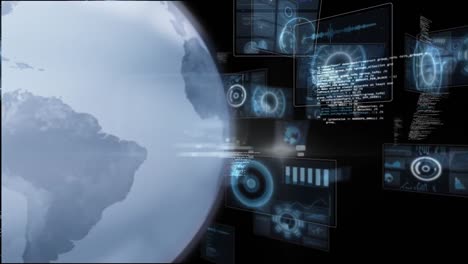 animation of spinning globe and round scanners with data processing against black background