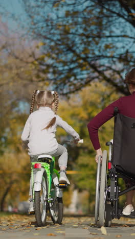 elder sister sitting in wheelchair and younger sister riding bicycle communicate moving about park. family vacation in nature on sunny autumn day backside view