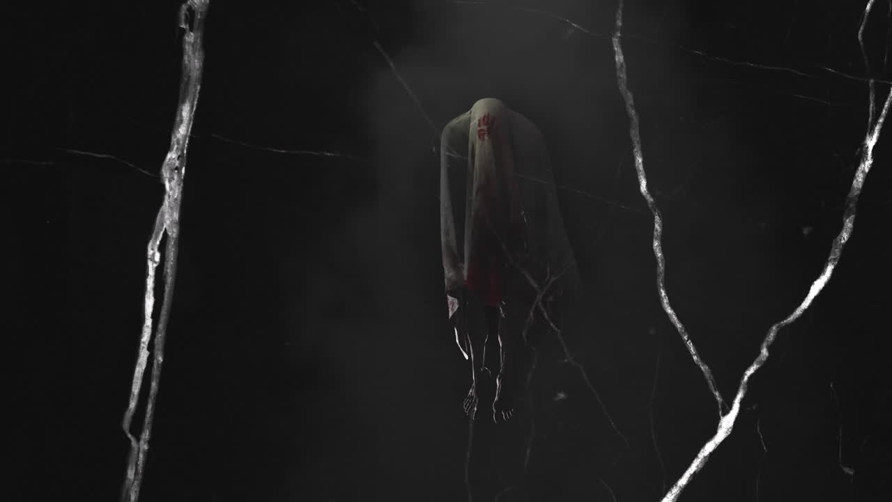 animación de líneas blancas sobre fantasma en fondo negro en halloween