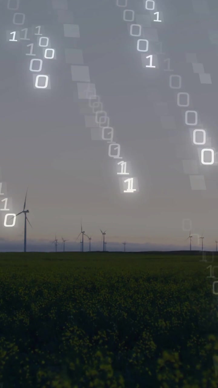 Video verticale: Singolo flusso binario che emerge sopra le turbine, con quadrati luminosi che crescono e mappano l'energia.