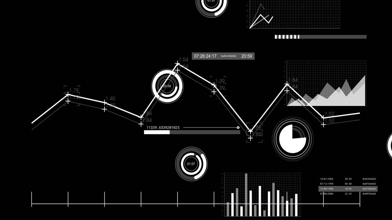 Animation of financial data processing over black background