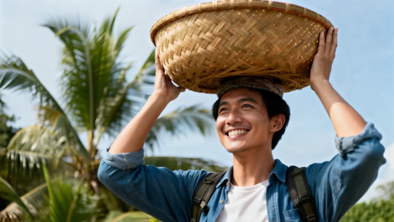 Pria mendekati kamera membawa keranjang anyaman, mengangkat, menurunkan, dan menyeimbangkan di kepala untuk bepergian