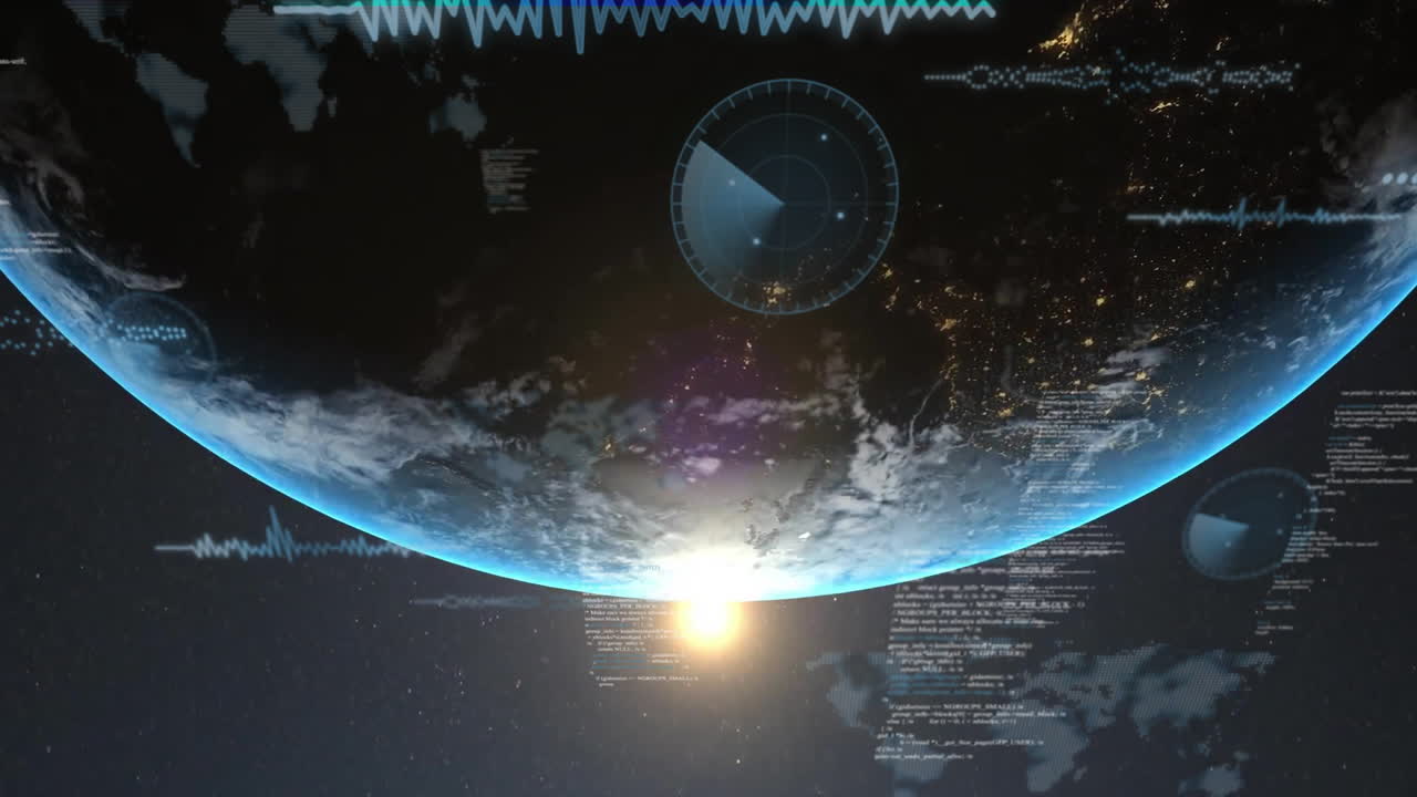 Animation of financial data processing over globe on black background