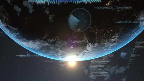 animation of financial data processing over globe on black background