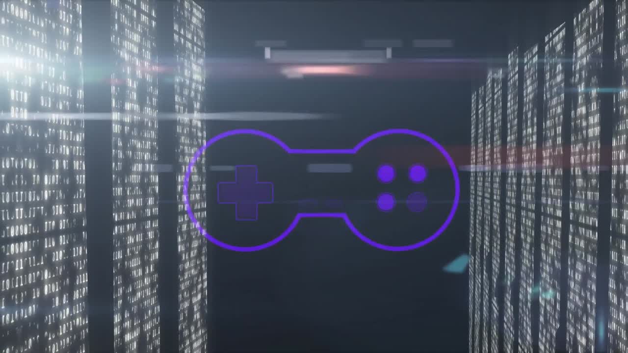 Animation of light trails and gamepad icon over moving columns on black background