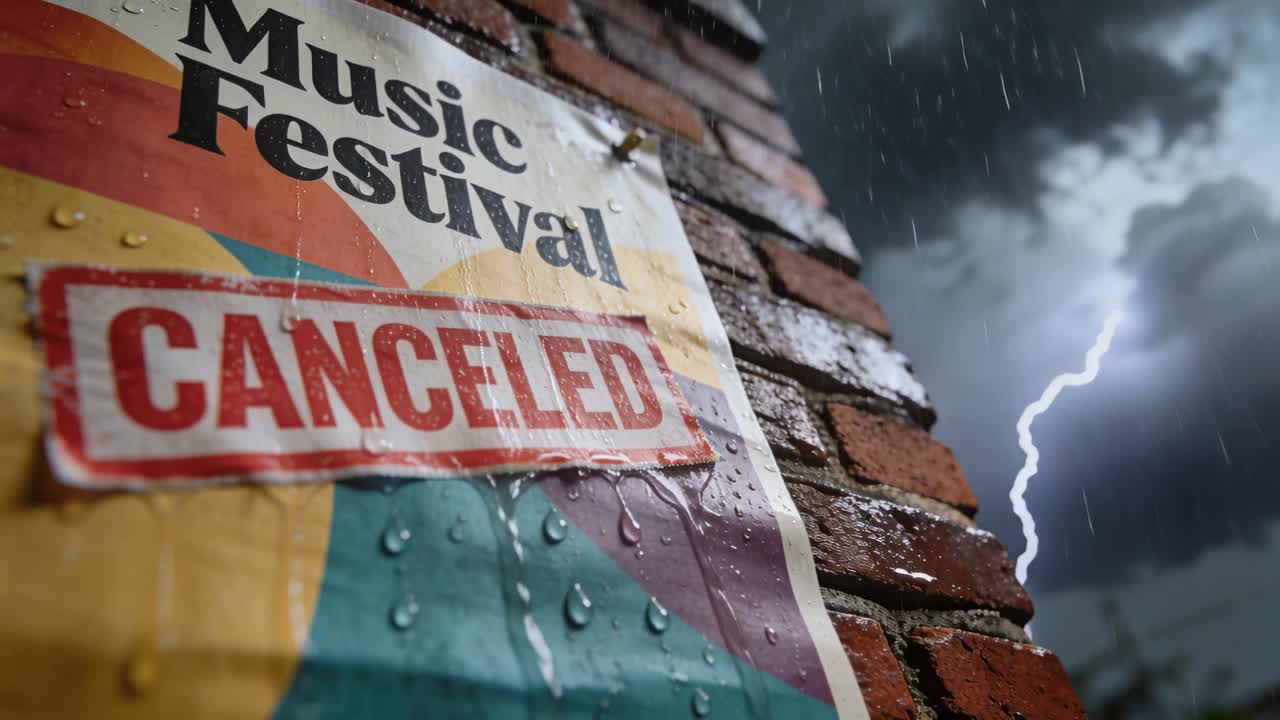 Poster del festival musicale che perla, con timbro rosso ANNULLATO, fulmini che lampeggiano e pioggia che scorre.