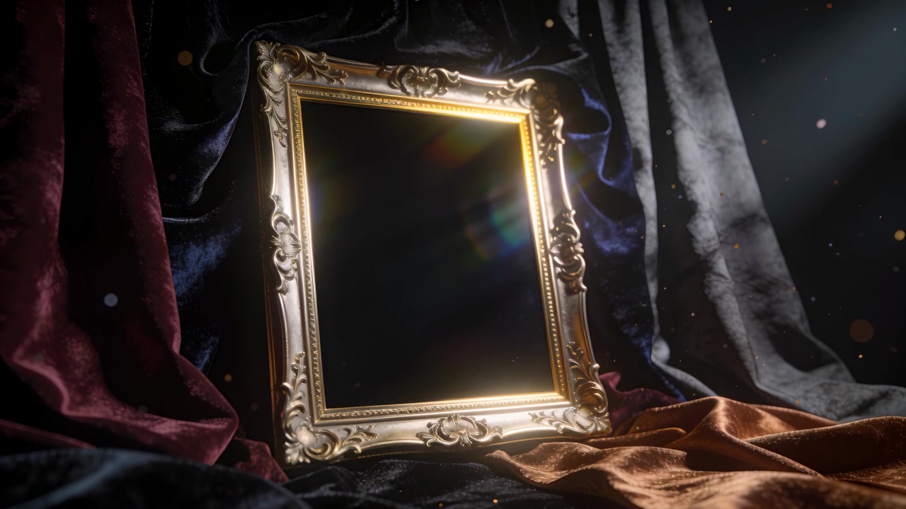 Spotlight intensiveert in de studio, een vergulde lijst vangt de randgloed en toont krulwerk voor weergave