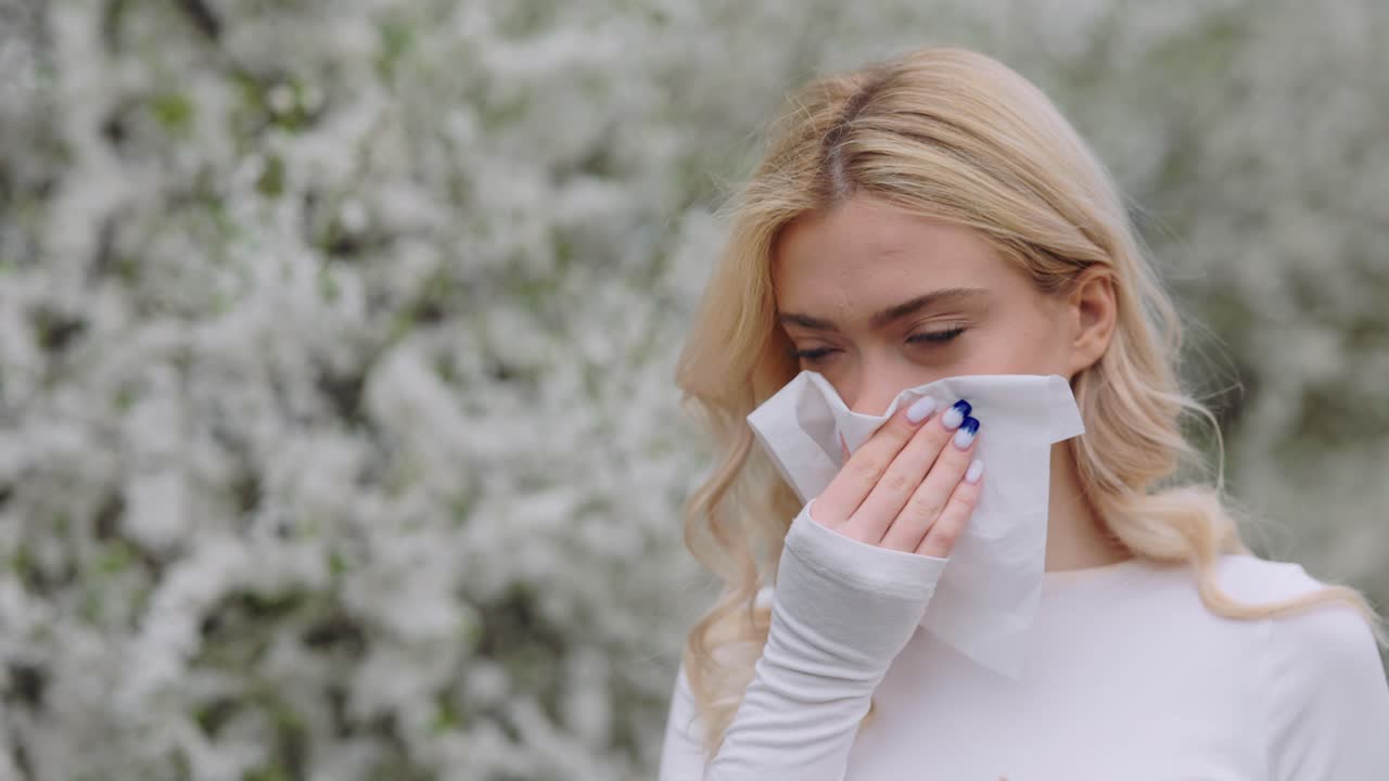 Woman Blowing Nose Outdoors in Spring