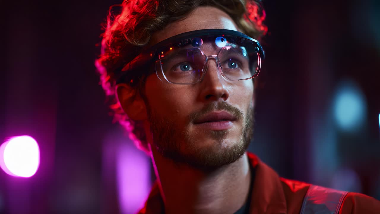 A thoughtful young man wearing protective glasses stares off into the distance, illuminated by colorful lights, showcasing a moment of contemplation and exploration