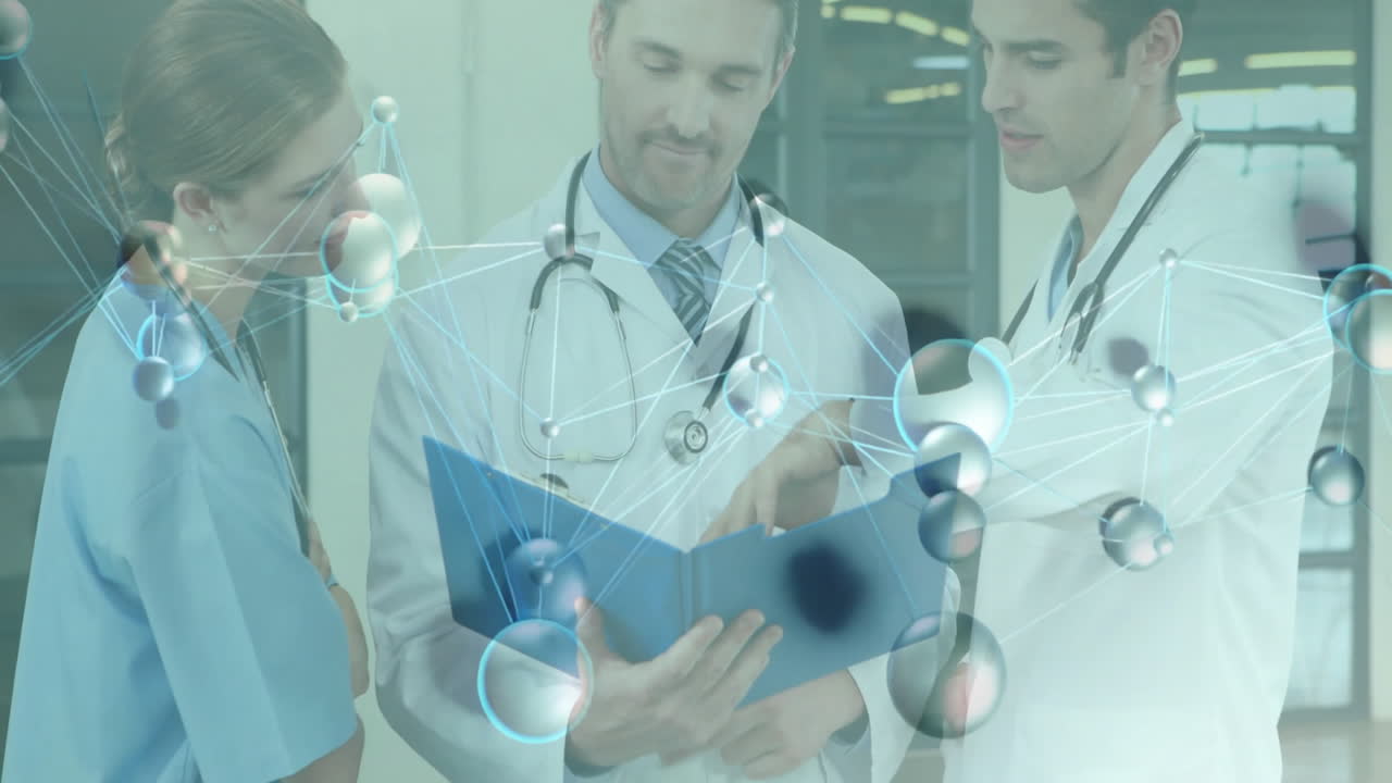 Medical team reviewing patient file in clinical corridor, displaying molecular network overlay