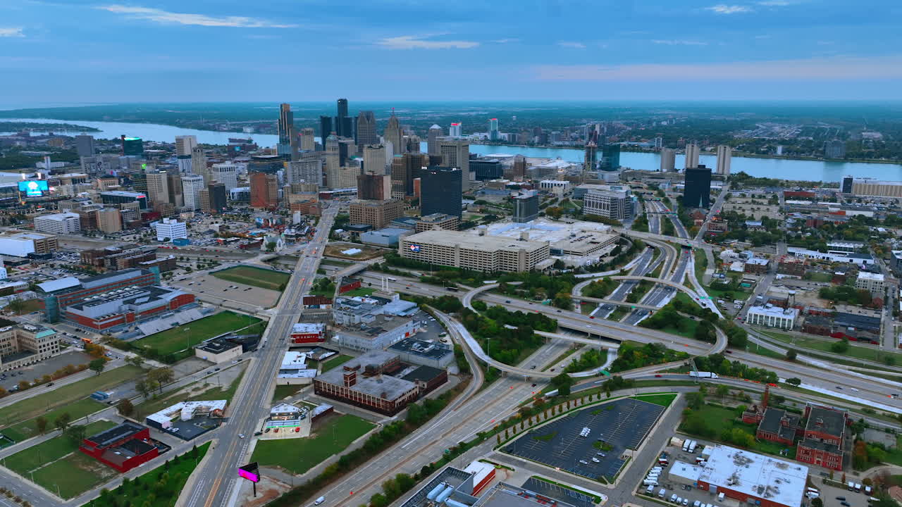 Detroit, USA, 11 August 2025: Aerial view of Detroit skyline with highways and river. Panoramic aerial view of Detroit city with highways, downtown skyline and Detroit River in the background