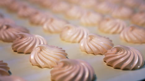conveyor belt with freshly-made sweet marshmallows. close look at the creamy desserts. blurred background.