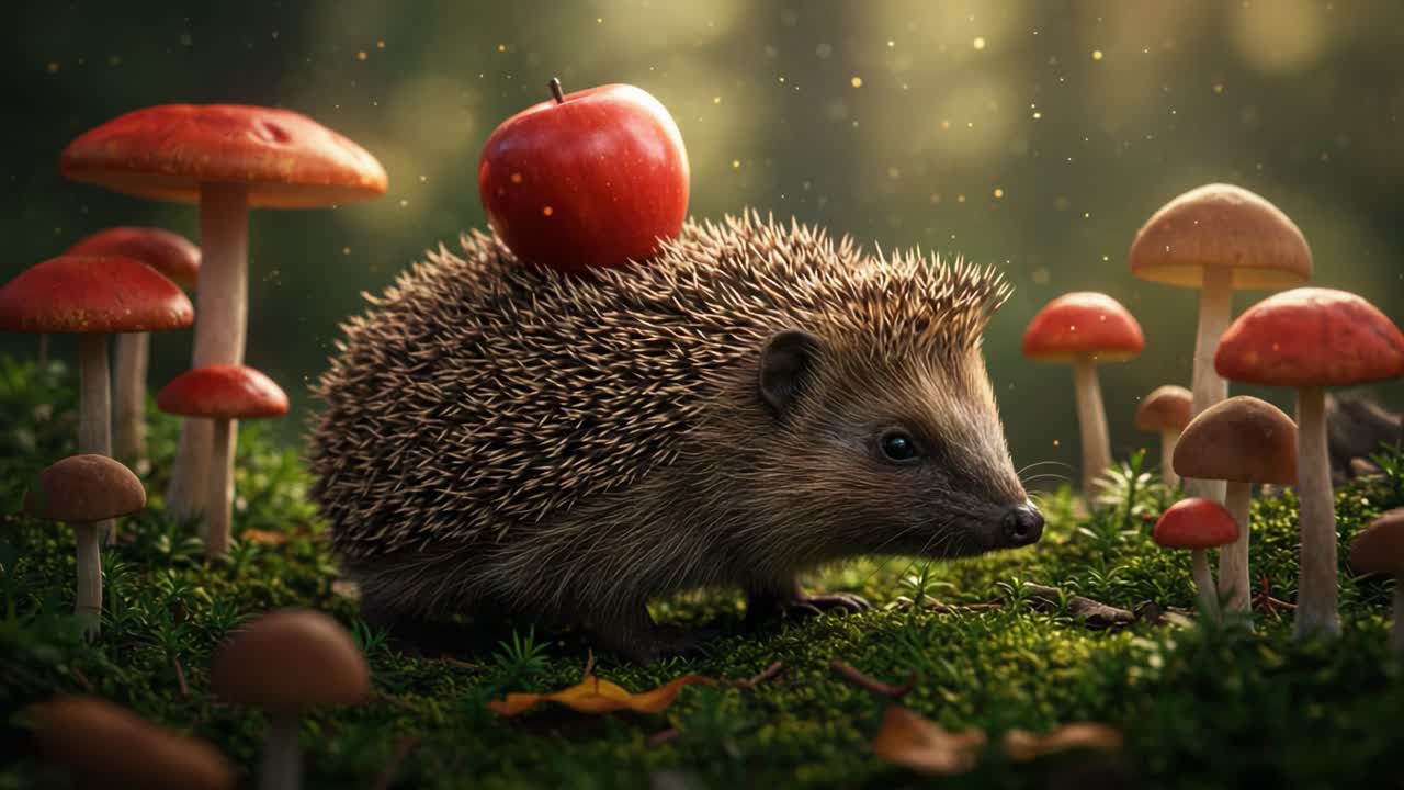Eine märchenhafte Szene mit einem Igel, der einen leuchtend roten Apfel auf dem Rücken trägt, umgeben von zauberhaften Pilzen in einer sonnendurchfluteten Waldkulisse.
