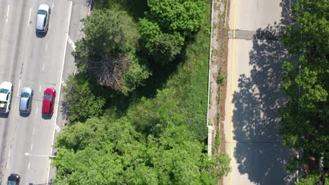 A-top-down-view,-directly-over-a-parkway-median-with-green-trees-and-grass