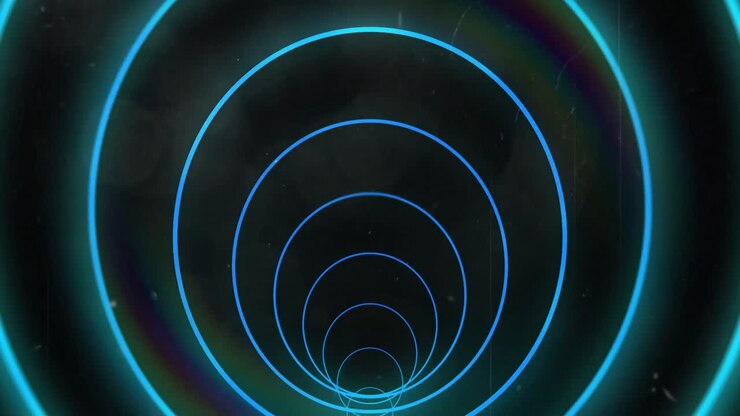 Animation of glowing neon blue abstract tunnel with circles moving on transparent background