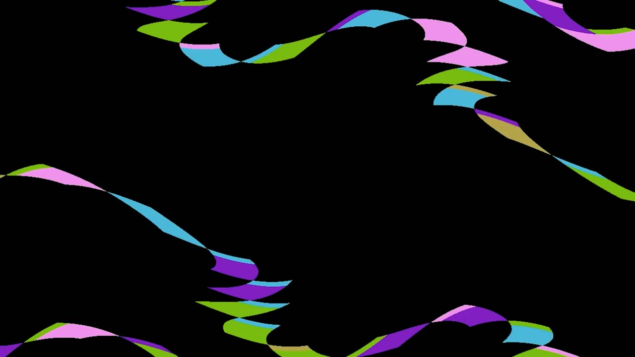 Grafica in movimento astratta con nastri ondulati colorati su sfondo nero.