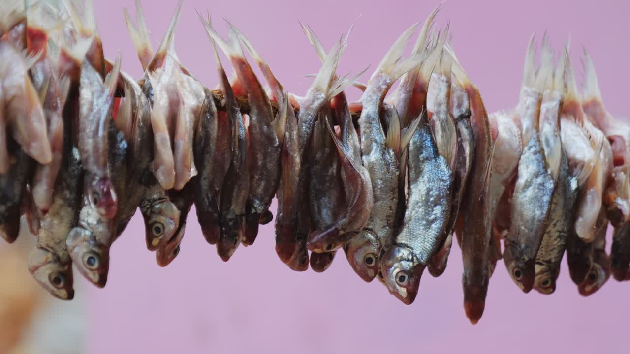 Small Fishes hanging on Rope for drying and Swinging due to wind at vizag colony, azmapur, telangana, india. day time, close up shot, pan shot, 4k.