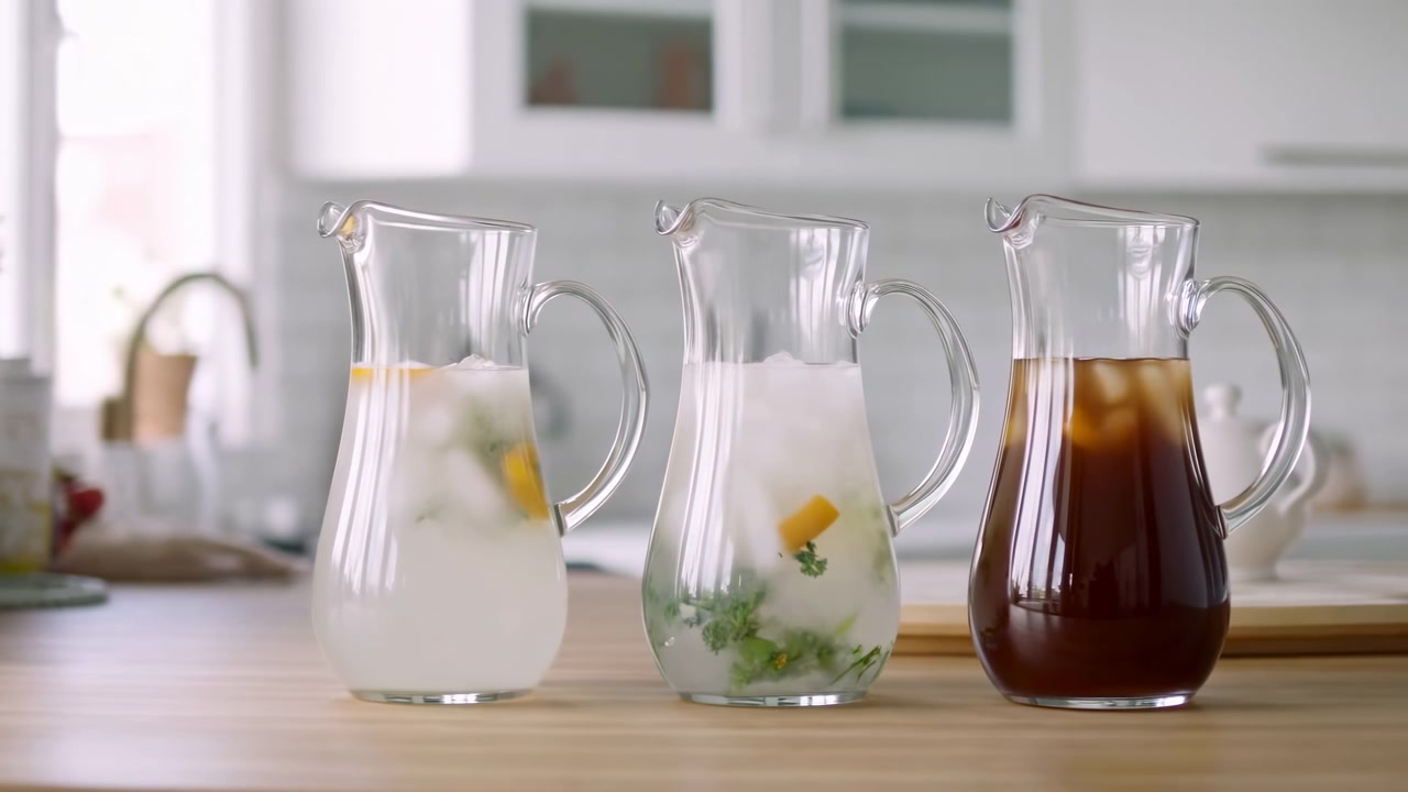 Tres jarras de cristal sobre la encimera de la cocina mostrando la preparación de bebidas y aderezos en pleno proceso.