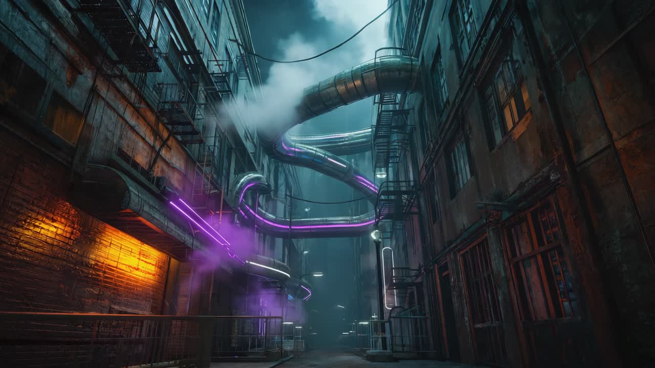 Futuristic Alley with Neon Lights and Steam Pipes