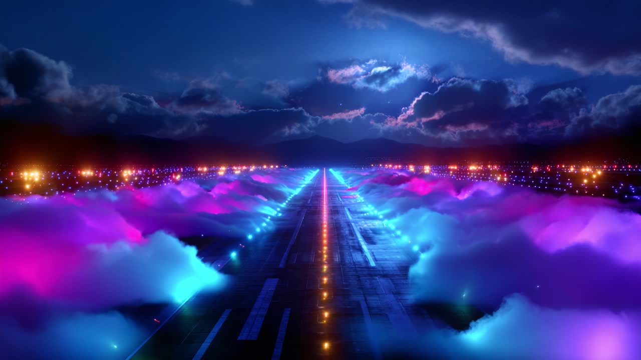 A mesmerizing nighttime scene showcasing a brightly illuminated runway surrounded by ethereal fog, with colorful lights casting a magical glow against the backdrop of the dramatic sky and clouds