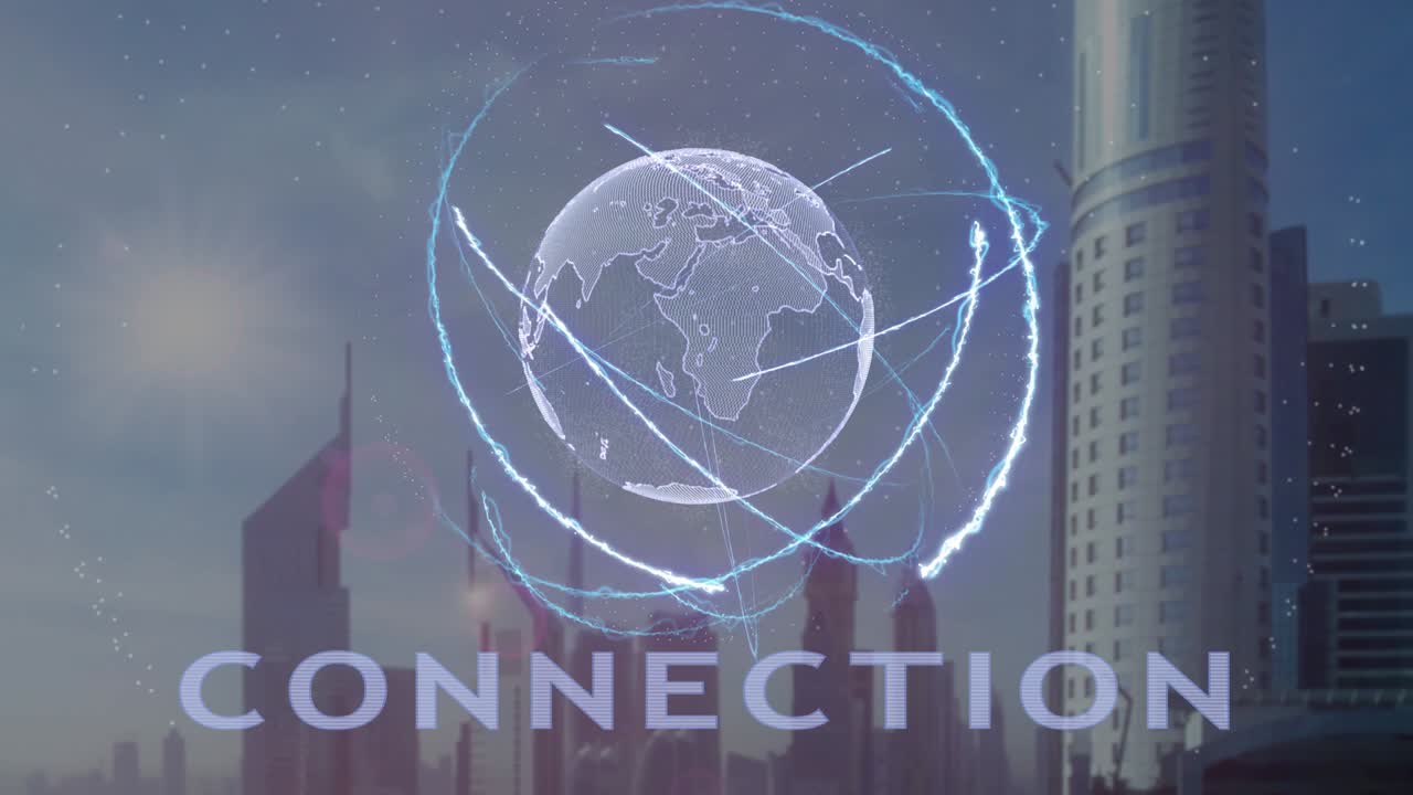 texto de conexión con holograma 3d del planeta tierra contra el telón de fondo de la metrópolis moderna