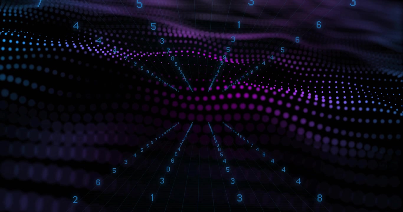 When faint cyan numerals appearing, dark dot grid undulating, numerals pulsing fading for data flow