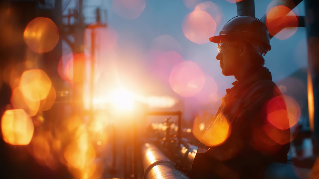 Silhouette of a Worker in Safety Gear Overlooking Industrial Operations at Sunset, with Vibrant Orange and Yellow Bokeh Effects Enhancing the Atmosphere and Highlighting the Importance of Safety Standards