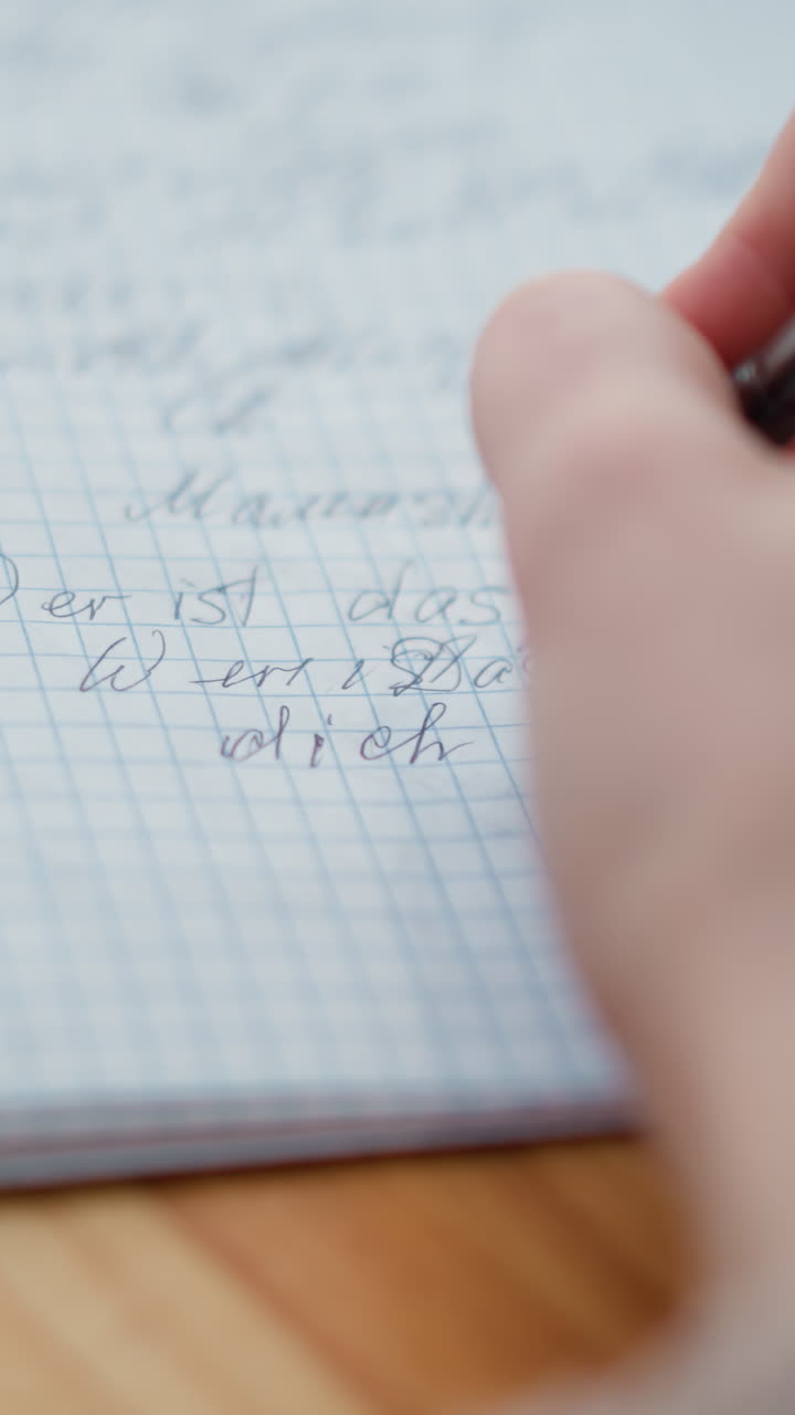 vista de cerca de la mano de una persona que escribe en una mesa de madera con una pluma negra, escritura cursiva visible en el bloc de notas, caligrafía enfocada con luz natural suave y fondo borroso