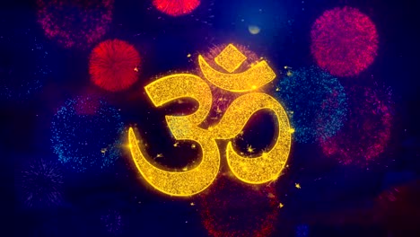 hindu om  icon symbol on colorful fireworks particles.