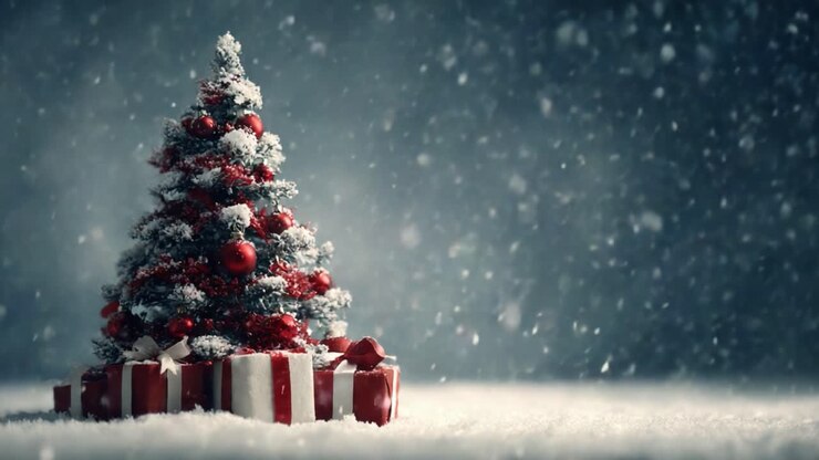 A Beautifully Decorated Christmas Tree Surrounded by Presents Sits in a Snowy Wonderland, Capturing the Essence of the Holiday Season with Warmth and Cheer