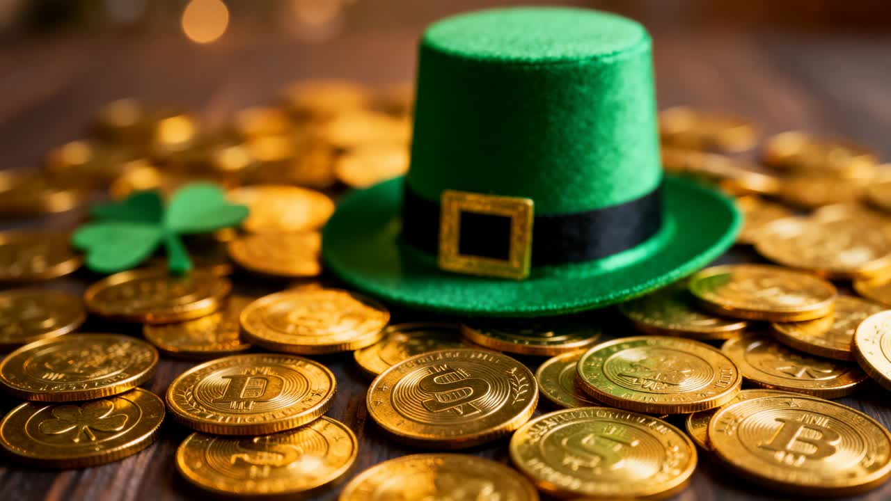 Zooming camera highlighting green felt top hat on wood table, showing gold coins and shamrock