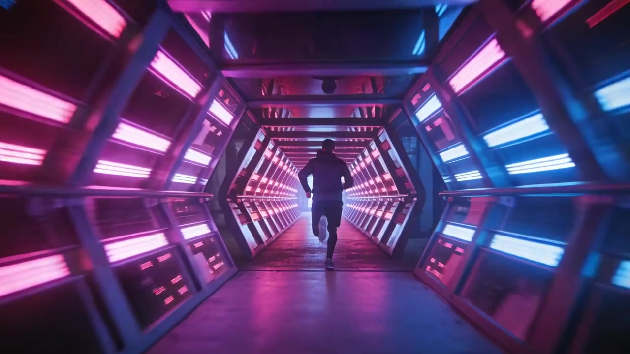 Løbende voksen mand i mørkt sportstøj sprinter ned ad en smal LED-tunnel og jagter en lysende portal.