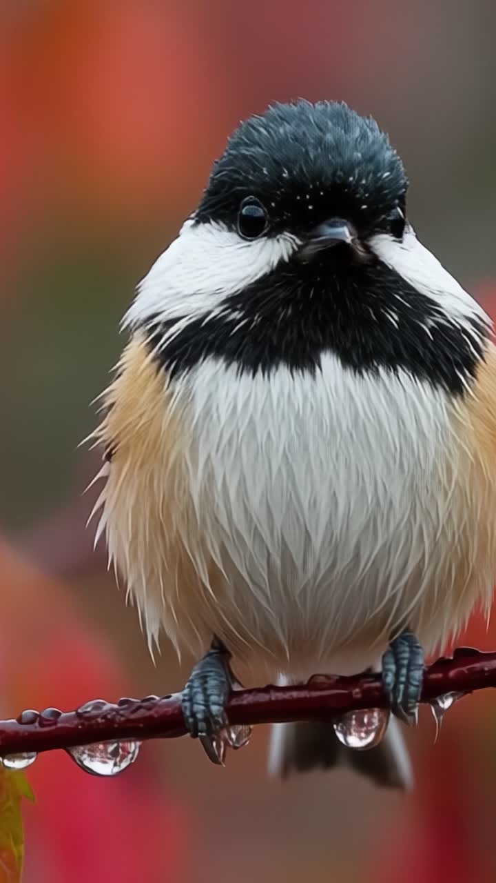 Un Ritratto Ravvicinato di un Uccello Vibrante Posato su un Ramo, Che Mostra il suo Splendido Piumaggio e Gocce di Pioggia Cristalline su uno Sfondo Autunnale Colorato.