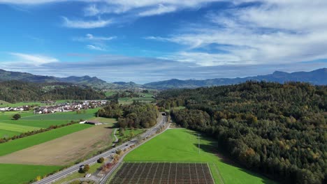 Vuelo-Aéreo-Sobre-El-Campo-Rapperswil-jona-Y-árboles-Forestales-Con-Carretera-Que-Lo-Atraviesa