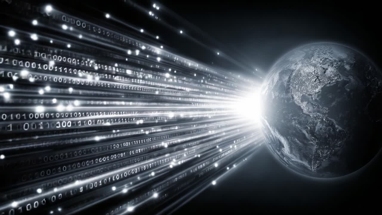 Ethereal Visualization of a Digital Universe: Streams of Binary Data Radiating from Earth, Illustrating the Connection between Data and Global Communication in a Modern Era