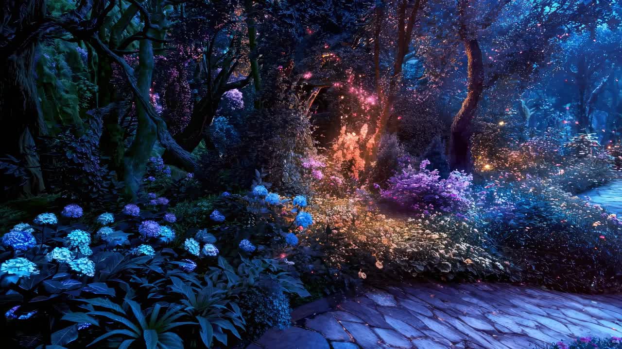 A magical forest scene with glowing flowers and trees, captured at eye level