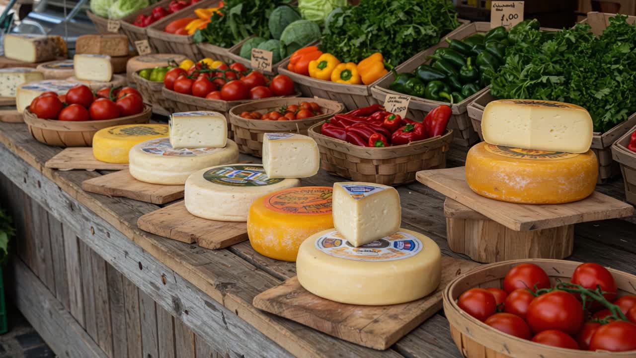 A Vibrant Display of Fresh Vegetables and Artisanal Cheeses at a Local Market: Colorful Produce and Cheeses Create an Inviting Culinary Atmosphere