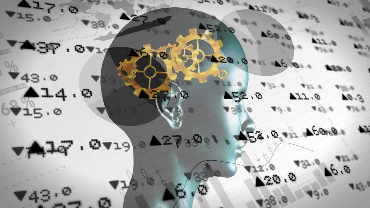 Animation of cogs in human head spinning and financial data processing