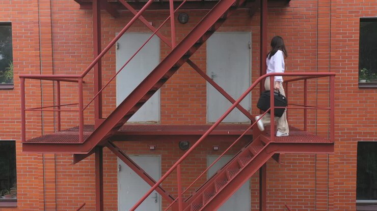 Businesswoman climbing up the stairs of a business centre. Elegant woman in formal wear with briefcase walking up on stair. Worker commute to work in office. Concept of morning and successful career