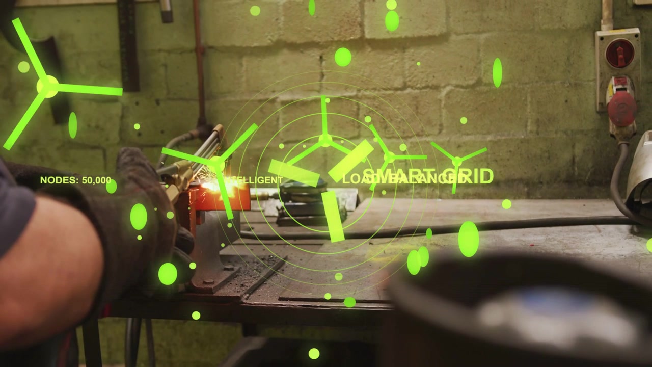 Welder igniting torch and cutting metal, AR HUD growing and circling work for smart-grid testing
