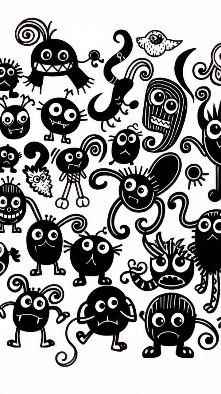 Whimsical Black and White Monster Doodle Art