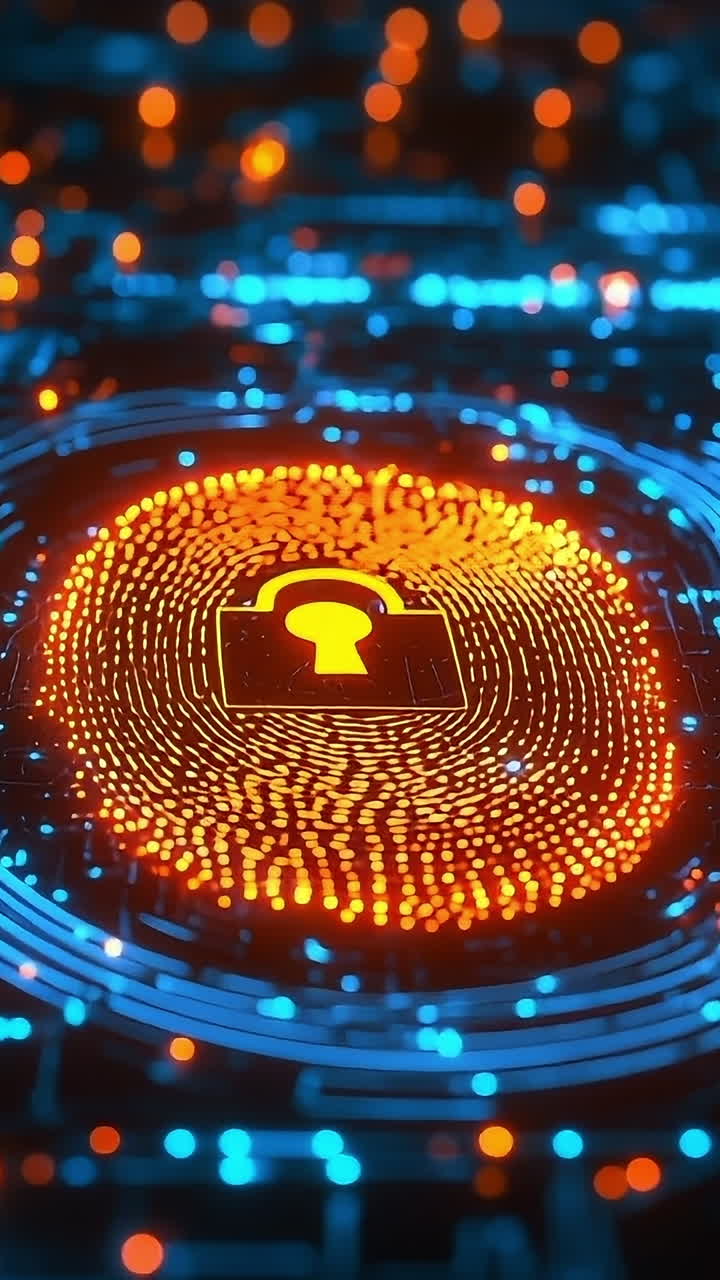 Digital security on circuit board. Colorful digital rendering highlights a secure lock symbol on a circuit board, representing cybersecurity in technology.